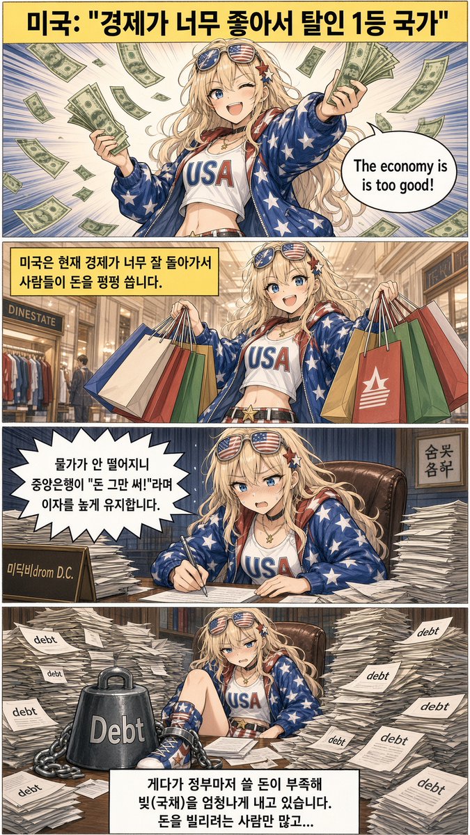 KoreawantFree's tweet photo. "국채 금리 역대급 상승!"

돈을 빌릴 때 "예전보다 이자를 훨씬 더 많이 쳐주겠답니다!"

​🇺🇸 미국: "경제가 너무 좋아서 탈인 1등 국가"

​🇰🇷 대한민국: "미국 눈치 보느라 덩달아 이자 올린 빚 많은 가구"

ℹ️ 위 이미지는 AI(Grok, ChatGPT, Gemini)로 제작 하였습니다!

#대한민국 #미국 #금리 https://t.co/13TrycoXfW