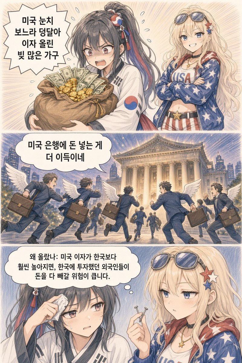 KoreawantFree's tweet photo. "국채 금리 역대급 상승!"

돈을 빌릴 때 "예전보다 이자를 훨씬 더 많이 쳐주겠답니다!"

​🇺🇸 미국: "경제가 너무 좋아서 탈인 1등 국가"

​🇰🇷 대한민국: "미국 눈치 보느라 덩달아 이자 올린 빚 많은 가구"

ℹ️ 위 이미지는 AI(Grok, ChatGPT, Gemini)로 제작 하였습니다!

#대한민국 #미국 #금리 https://t.co/13TrycoXfW