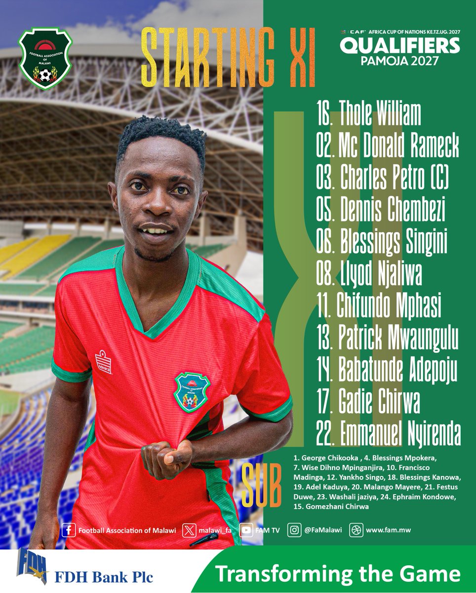 FaMalawi's tweet photo. Starting XI confirmed. 🇲🇼 https://t.co/RVamD4oJeV