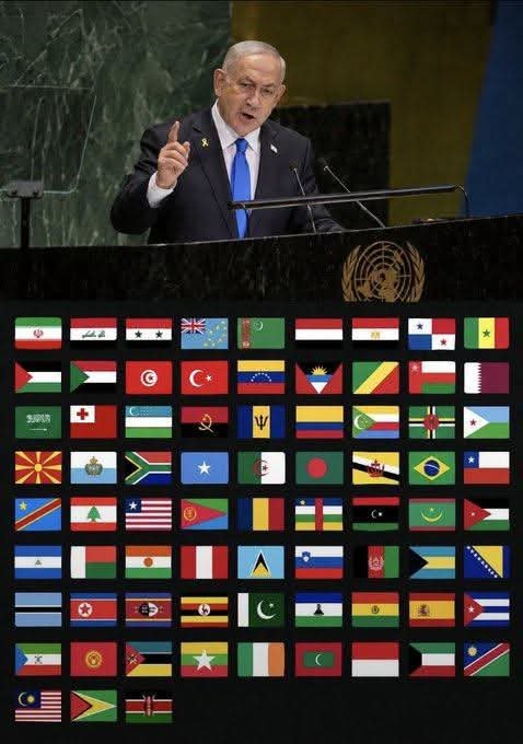 profewayo's tweet photo. Me encabrona no encontrar a nuestra bandera entre las de aquellos países cuyos representantes en la ONU dejaron a Netanyahu hablando con las butacas... https://t.co/rO2ZvJkPwk