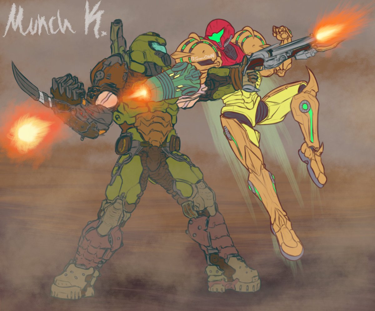 boomshootart's tweet photo. An Unmovable Object meets An Unstoppable Force
Doom Slayer vs Samus

Doomguy x Metroid crossover
Art by @JohnnyQ1600 (Munch K) https://t.co/PysrWUGeeD