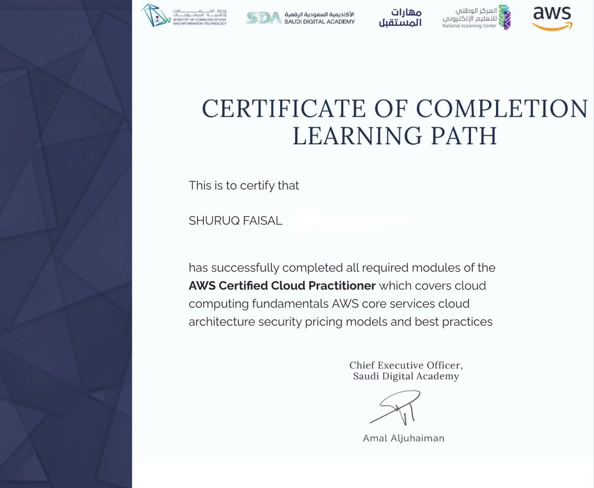 iiladysh's tweet photo. الحمد لله بفضل الله وتوفيقه، أتممت بنجاح برنامج AWS Certified Cloud Practitioner المقدم من وزارة الاتصالات وتقنية المعلومات @MCITGovSa بالتعاون مع الأكاديمية السعودية الرقمية @SdaAcademy🎓☁️
خطوة جديدة في رحلة التعلم والتطوير! ✨
#الأكاديمية_السعودية_الرقمية #AWS https://t.co/Y5aPpVwAGl