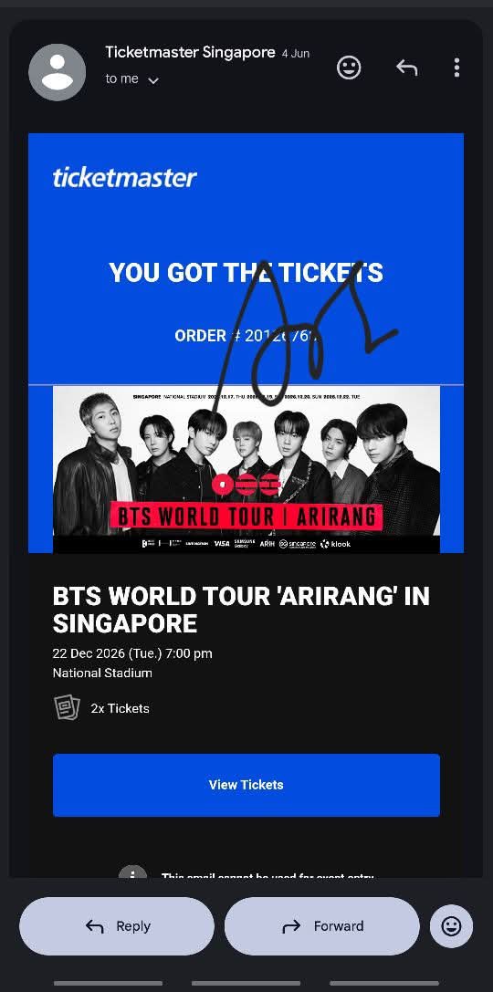 paulPakish's tweet photo. WTS LFB
Selling 1 ticket for Arirang in Singapore for face value 

CAT 5 609 Row N Seat 52
178 SGD
Can transfer the tickets once available na ang option or we enter the venue together since I will also be attending https://t.co/2J7Q5t2a92