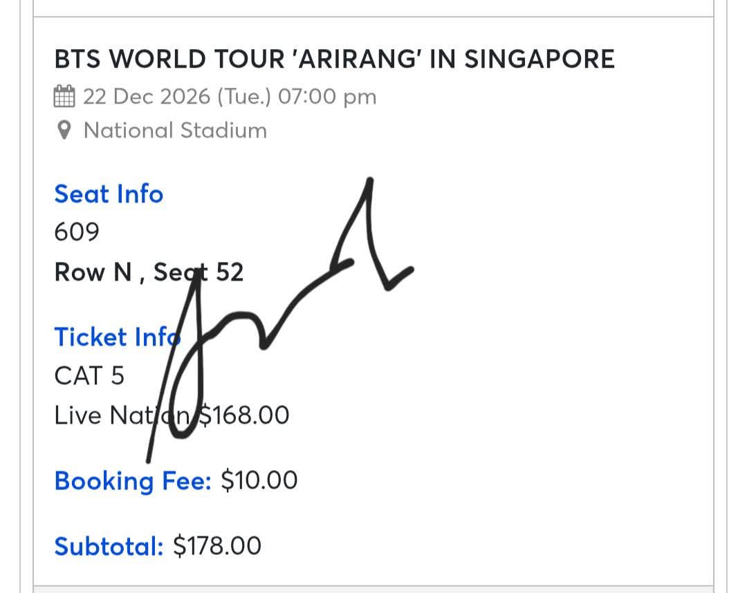 paulPakish's tweet photo. WTS LFB
Selling 1 ticket for Arirang in Singapore for face value 

CAT 5 609 Row N Seat 52
178 SGD
Can transfer the tickets once available na ang option or we enter the venue together since I will also be attending https://t.co/2J7Q5t2a92