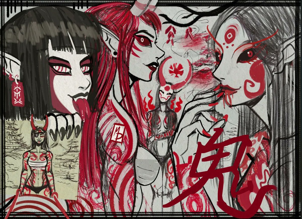 MidnightDDouble's tweet photo. Crimson Oni Clan
Their ink is drawn from the first flame, and their blood keeps the old world alive. Each mask, horn shape, and spiralling ink pattern worn across their skin represents a specific rank, a dark vow, or a unique style of blood-magic passed down through generations. https://t.co/6DCDWZjCVi