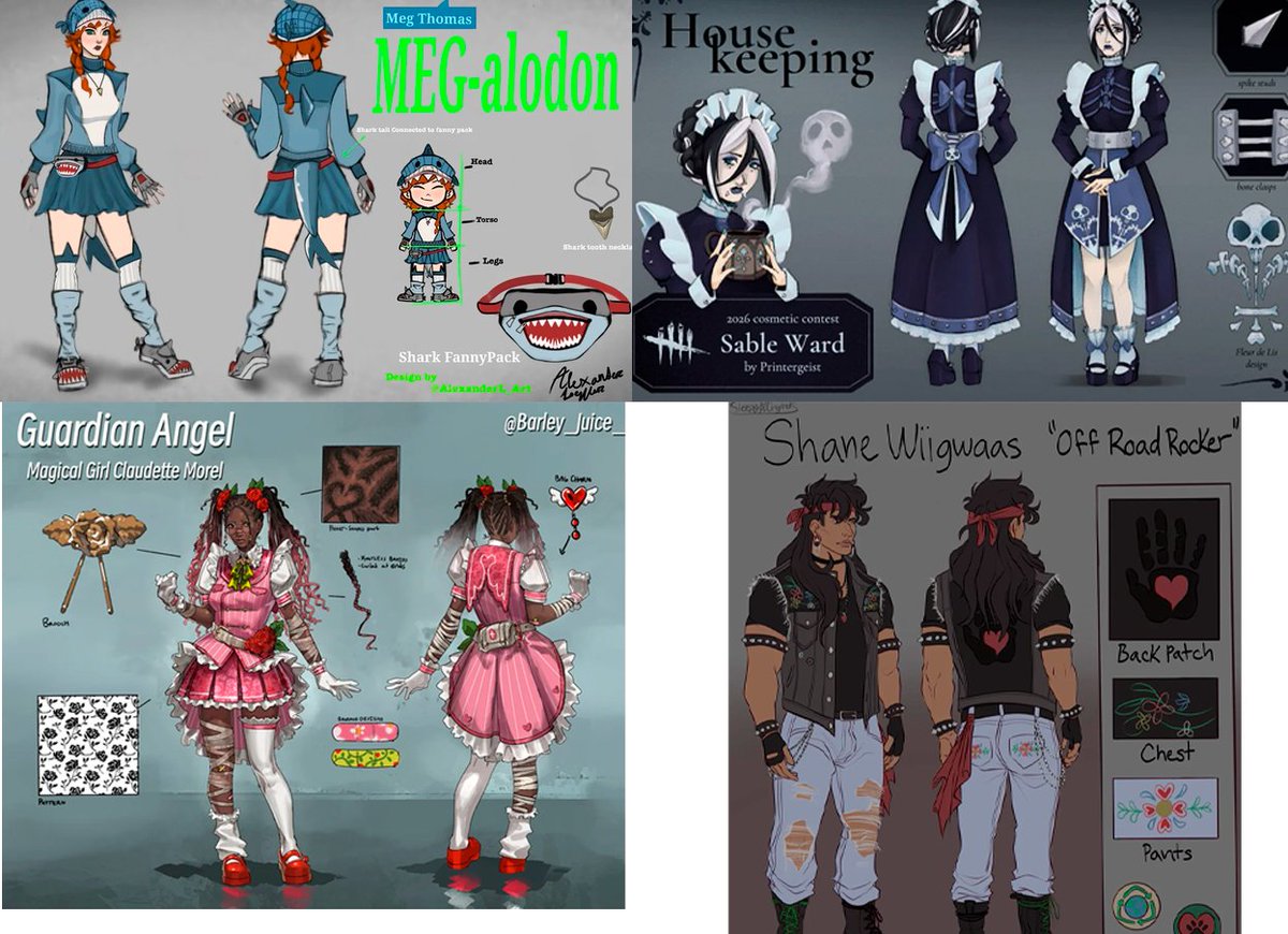 Procyondbd's tweet photo. As quatro skins vencedoras do concurso de cosméticos do DBD desse ano - categoria Survivor.

A partir do ano que vem, virão de graça em passes do jogo. https://t.co/a7s7p6TVDm