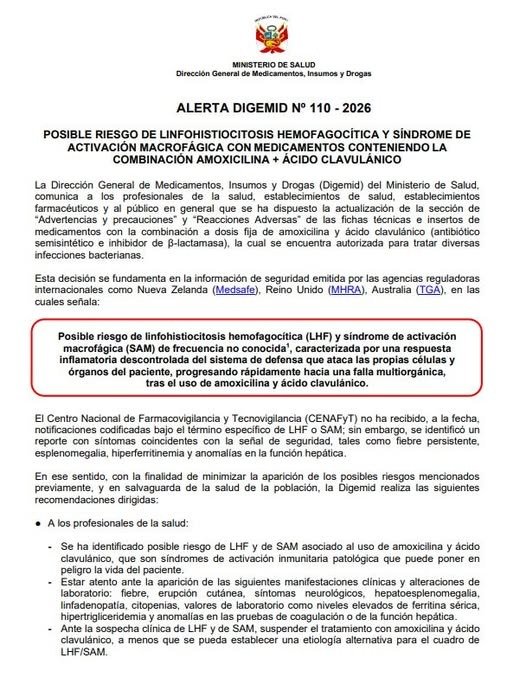 y_polemica's tweet photo. 🔵 #Nacional ALERTA DE DIGEMID....

ATENCIÓN POBLACIÓN Y PERSONAL DE SALUD!!!!

Posible riesgo de linfohistiocitosis hemofagocítica y síndrome de activación macrofágica con medicamentos conteniendo la combinación amoxicilina + ácido clavulánico...EVITEN SU CONSUMO . https://t.co/EUZnzT3Ctx