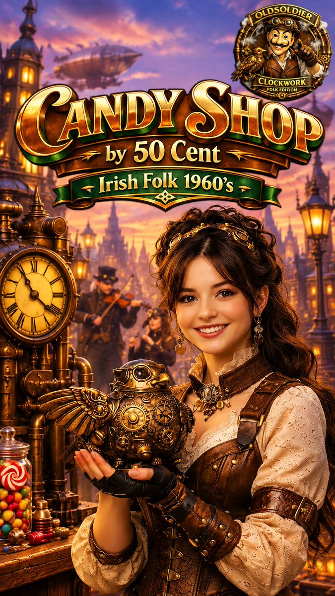 LoriannaPL's tweet photo. 50 Cent’s "Candy Shop" gets a spectacular arrangement in the style of 1960s Irish folk, set in a magical steampunk world! 🍀 OldSoldier’s retro-futuristic vibe ✨

Watch here: https://t.co/ziX34jfTKn

#candyshop #50cent #irishfolk #steampunk https://t.co/ZaFriWRFxE