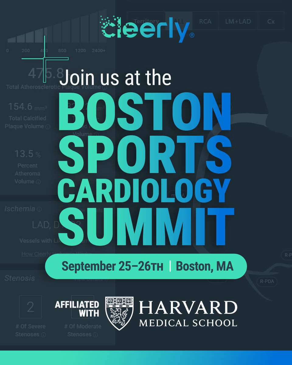 Cleerlyhealth's tweet photo. The first-ever @Harvard Medical School-affiliated Boston Sports Cardiology Summit kicks off today! 🫀

Connect with our team to see how Cleerly is helping advance #cardiovascularcare.

#YesCCT #AIinHealthcare #PlaqueAnalysis https://t.co/HXOAVesEUo