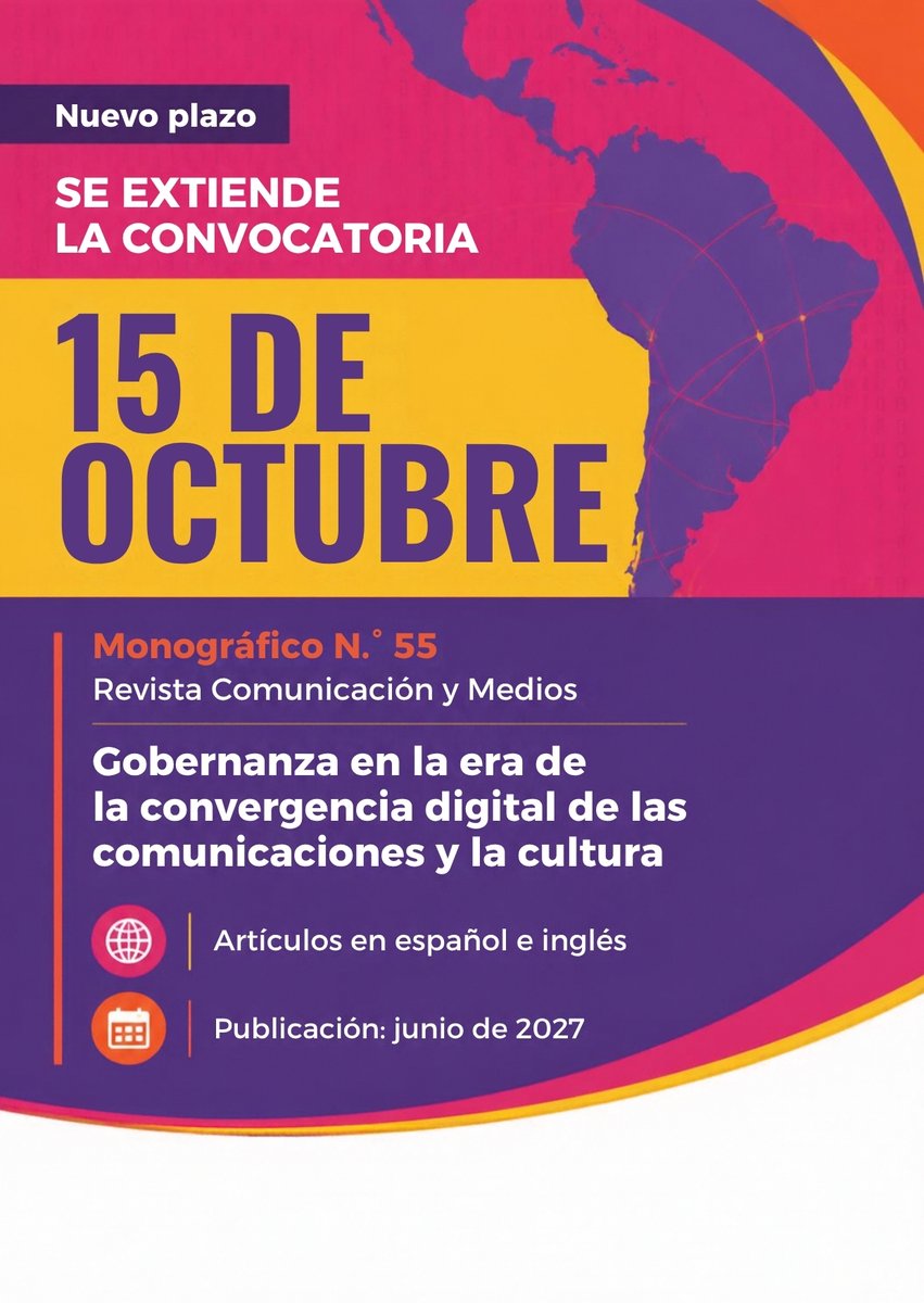 IRCC_Chile's tweet photo. 📣 Tras nuestra Conferencia Internacional, la conversación continúa.

Hasta el 15 de octubre pueden enviarse artículos al monográfico sobre gobernanza y convergencia digital de Comunicación y Medios (@uchile).

📄 Español e inglés
🔗 Más información: https://t.co/lN8gOu83K3 https://t.co/SIUpGhlZH1