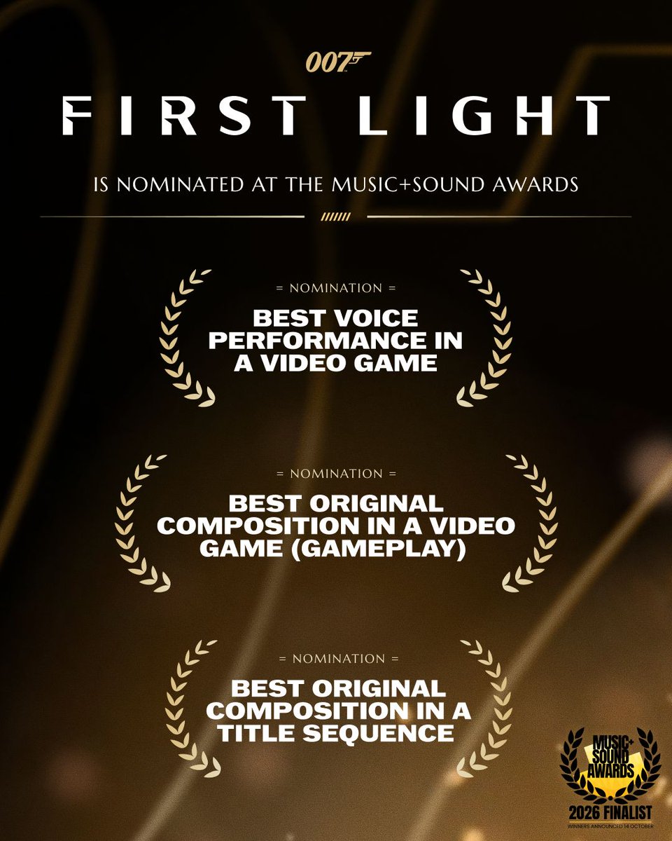 007GameIOI's tweet photo. We’re excited to share that 007 First Light has received four nominations at this year’s Music + Sound Awards.

🏆 Best Original Composition in a Title Sequence
Composed by Lana Del Rey & David Arnold

🏆 Best Original Composition in a Video Game (Gameplay)
Composed by The Flight

🏆 Best Voice Performance in a Video Game (Gameplay)
Patrick Gibson

🏆 Best Voice Performance in a Video Game (Gameplay)
George Weightman

https://t.co/WMWRZWNdRY

Save up to 20% off now and #EarnTheNumber

https://t.co/UGAcTzIL0G

#007FirstLight