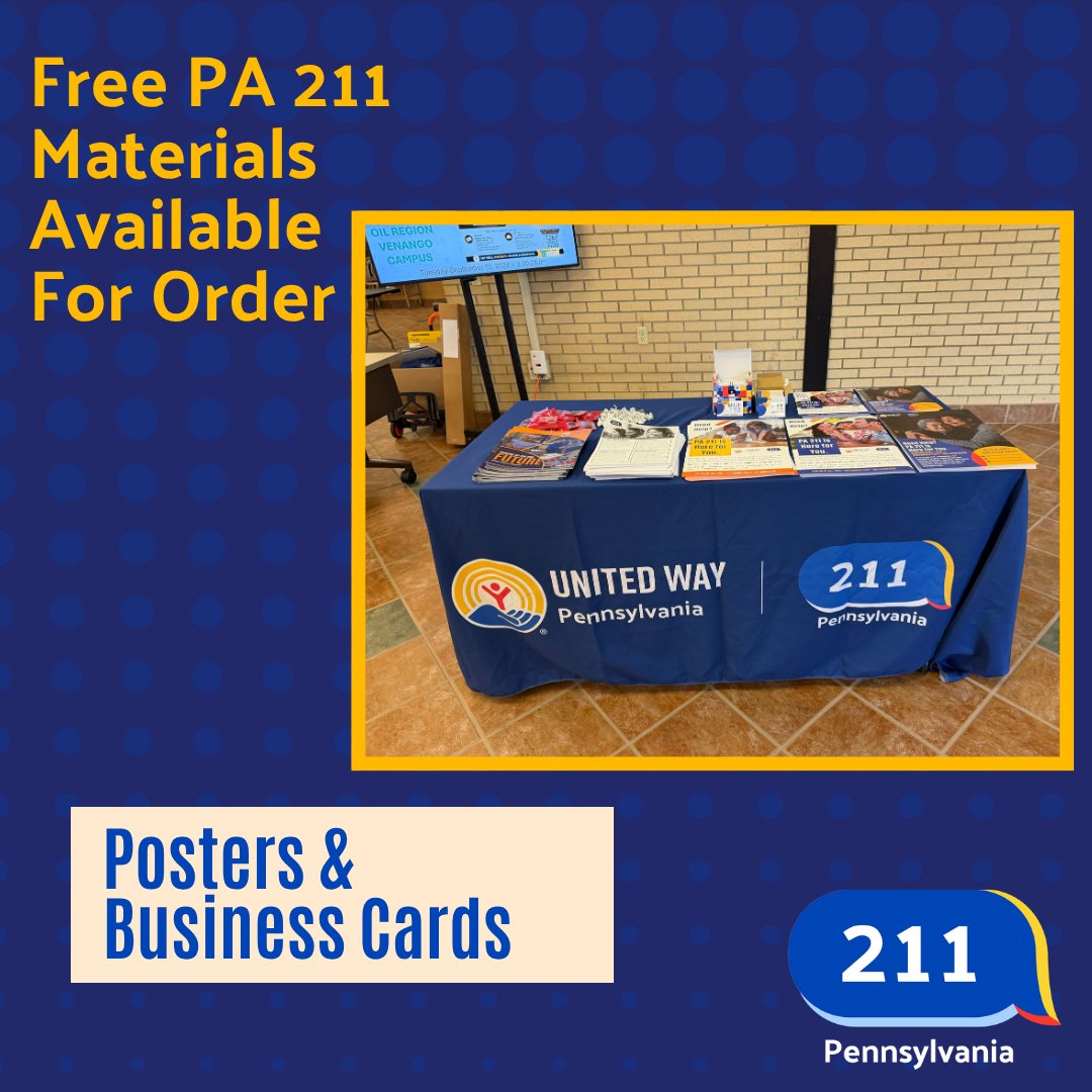 PA211GetHelp's tweet photo. Help spread awareness of PA 211 in your community. Free promotional materials, including printed flyers and business cards in English and Spanish, are available for organizations to request here: https://t.co/hP5YIO0Omp https://t.co/HyRUPU6vMh