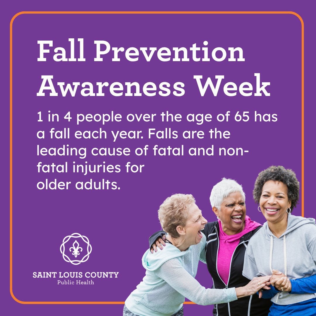 StLCountyDOH's tweet photo. Happy Fall ... Prevention Awareness Week! Falls are the leading cause of fatal and non-fatal injuries for older adults. They're also common -- 1 in 4 people over the age of 65 has a fall each year. Learn fall prevention tips: https://t.co/itkK6VEZTY https://t.co/Pnex0iLi7G