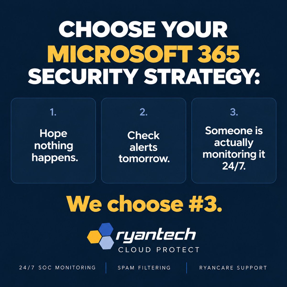 RyanTechInc's tweet photo. Microsoft 365 has powerful security tools. But tools alone don’t watch themselves. 
Cloud Protect adds 24/7 SOC monitoring, spam filtering, and RyanCare support to help protect your Microsoft 365 environment around the clock. https://t.co/BjSImYQbpz