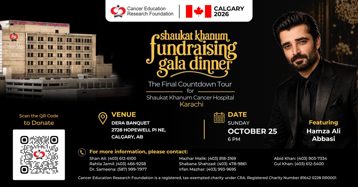 SKMCH's tweet photo. Join us at the Fundraising Gala Dinner in Calgary, Canada, in support of #ShaukatKhanumKarachi

Featuring: Hamza Ali Abbasi

Date: Sunday, October 25, 2026

For event details: https://t.co/YBIJAf1hU2 

#ShaukatKhanumFundraisersInCanada #SKMCH #SKMCHCalgaryFundraiser #Canada https://t.co/ZBXDmNsv36