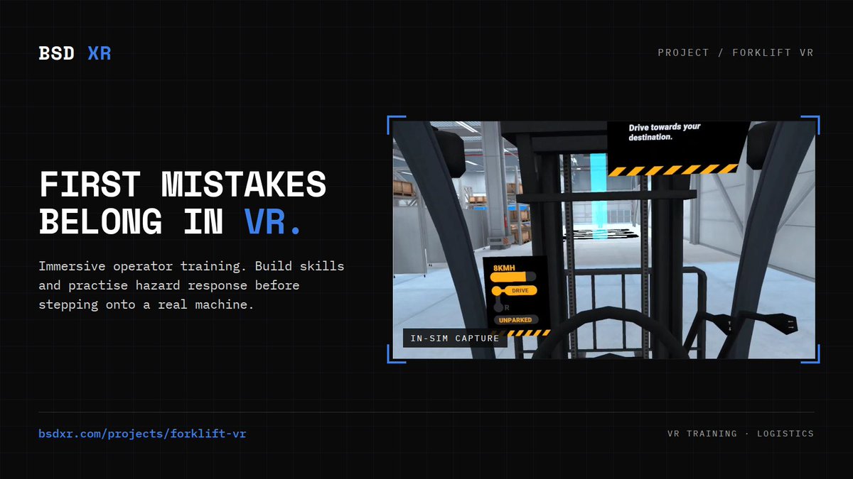 BitSpaceDevelop's tweet photo. A new operator's first mistake shouldn't happen on a real forklift. Forklift VR builds skills and hazard response in a realistic sim first. https://t.co/5FO2K2RvXJ #VRTraining #Logistics https://t.co/GCJnj0Ndj1