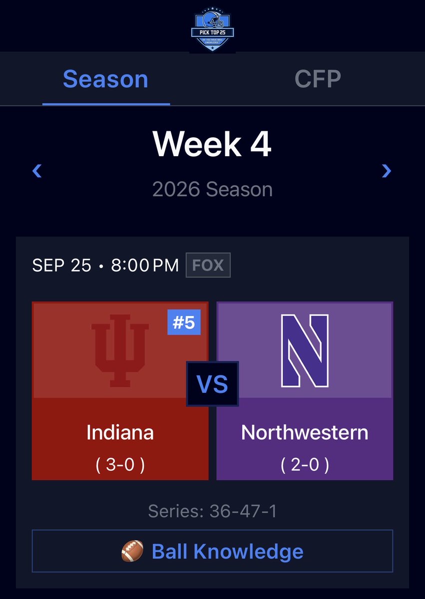 PickTop25's tweet photo. ⏰ Indiana/Northwestern kickoff tonight!

🔒 Lock in your picks before it’s too late! 
#collegefootball #PickTop25 #CFB #BallKnowledge #pickem https://t.co/KiSGOobyHx