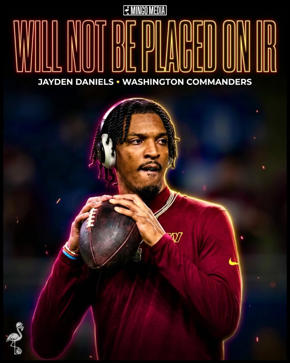 MingoMediaX's tweet photo. #NFL  |  🚨BREAKING: #Commanders QB Jayden Daniels will not be placed on IR 🙌

(per @AdamSchefter and @RapSheet)

After imaging on his dislocated left elbow was evaluated and multiple specialists were consulted, the consensus is that Daniels now will be considered week-to-week. https://t.co/4Y6sYBSeiY