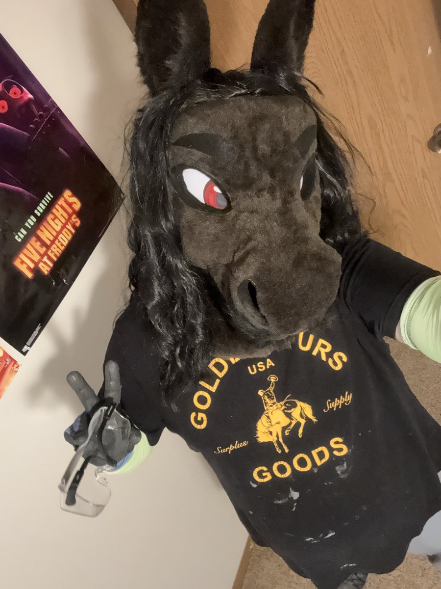 ShmosefStallion's tweet photo. my first ever #fursuitfriday so i thought id take a pic with my work gear on :3 (my only horse shirt ruined by wood glue 💔) https://t.co/g5ap4Rg5ve
