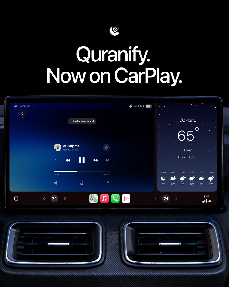 quranifyapp's tweet photo. Quranify is now on CarPlay.

Your Quran listening experience, now built for the road.
Access your favorite reciters and surahs directly from CarPlay and continue listening with a simple, distraction-free interface designed for driving.

Available now in the latest Quranify update🤍
