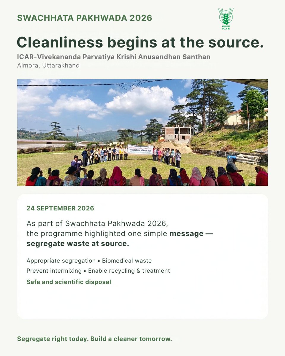 icarindia's tweet photo. As part of #SwachhataHiSeva, #ICAR institutes promoted waste segregation, scientific disposal, flower composting &amp; clean workplaces—turning awareness into action. @ChouhanShivraj @PIB_India https://t.co/0GyA4VhIUx