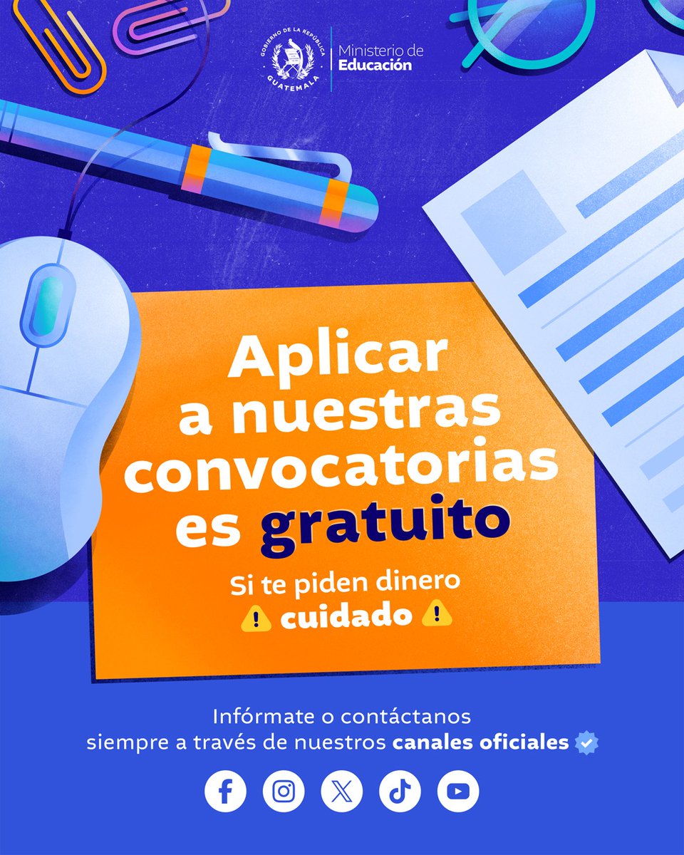 MineducGT's tweet photo. Todos los programas del #Mineduc son gratuitos.

Si te piden dinero, denúncialo: al 📞 1503.

También en https://t.co/HUxPMuVgBs o de manera presencial en planta central y en las Direcciones Departamentales de Educación de tu localidad.

Recuerda estar informado en los canales oficiales.