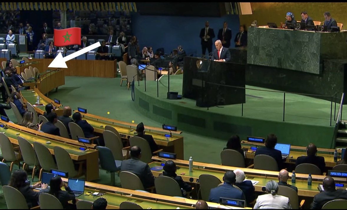 TFT_Morocco's tweet photo. 🚨 Le Maroc 🇲🇦 a bien quitté son siège pendant le discours de Benyamin Netanyahou à l’ONU ! https://t.co/s6EBhHtLEZ