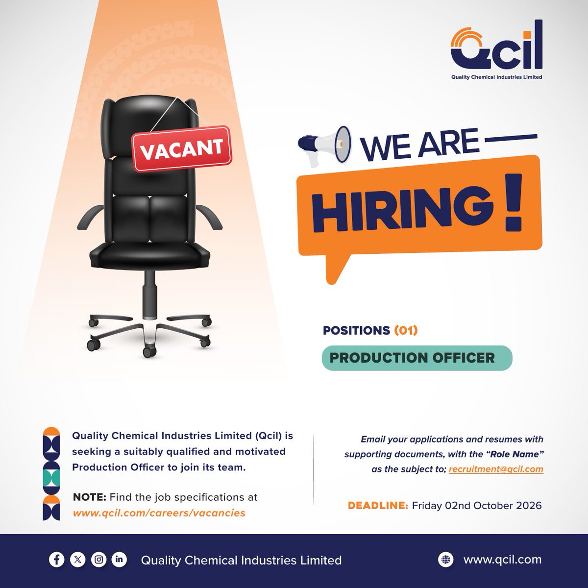 jobsinugandanow's tweet photo. Qcil is hiring!
πΉ Production Officer β 1 position
Apply with your supporting documents: recruitment@qcil.com
Job details: https://t.co/Bf6la5sJC8
Deadline: 2 Oct 2026
#QcilCareers #ProductionOfficer #KeepingAfricaAlive
@qcil_uganda2 https://t.co/TL81SVXlyg