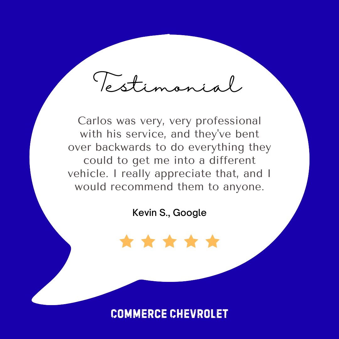 Commerce_Chevy's tweet photo. We're pleased Carlos and the team went above and beyond to help you find the right vehicle, Kevin. Your kind words about their professionalism mean a lot, and we appreciate your recommendation. https://t.co/cyIQBuecn0