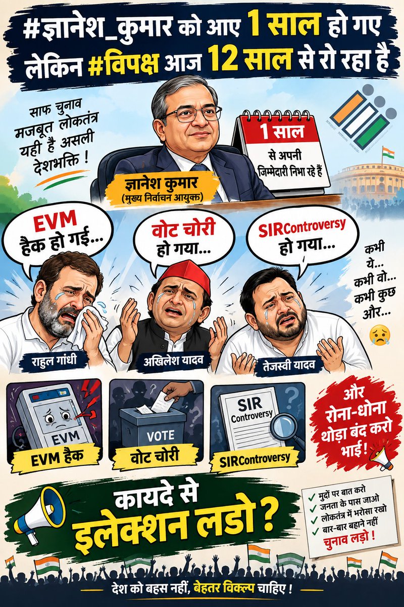 Shubhamnavy's tweet photo. #ज्ञानेश_कुमार को आए 1 साल हो गए लेकिन #विपक्ष आज 12 साल से रो रहा है
कभी इनकी #ईवीएम हैक हो जाती है तो कभी #वोट_चोरी हो जाता है तो कभी #SIRControversy रोना-धोना थोड़ा बंद करो कायदे से इलेक्शन लडो ? https://t.co/BtXKebLPmA