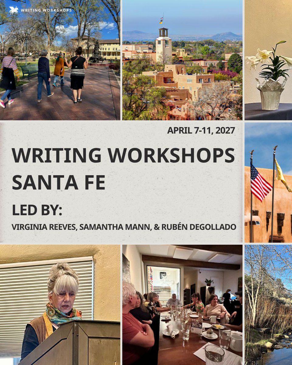 WritingWorkshps's tweet photo. Spend four nights writing in the high desert. 🏜️

In April 2027, we're bringing a group of writers to Santa Fe for instructor-led workshops, craft seminars, conferences, and long conversations about the craft and the business of writing. 

Learn more: https://t.co/8MT0C2niGK https://t.co/ImilKShxcj