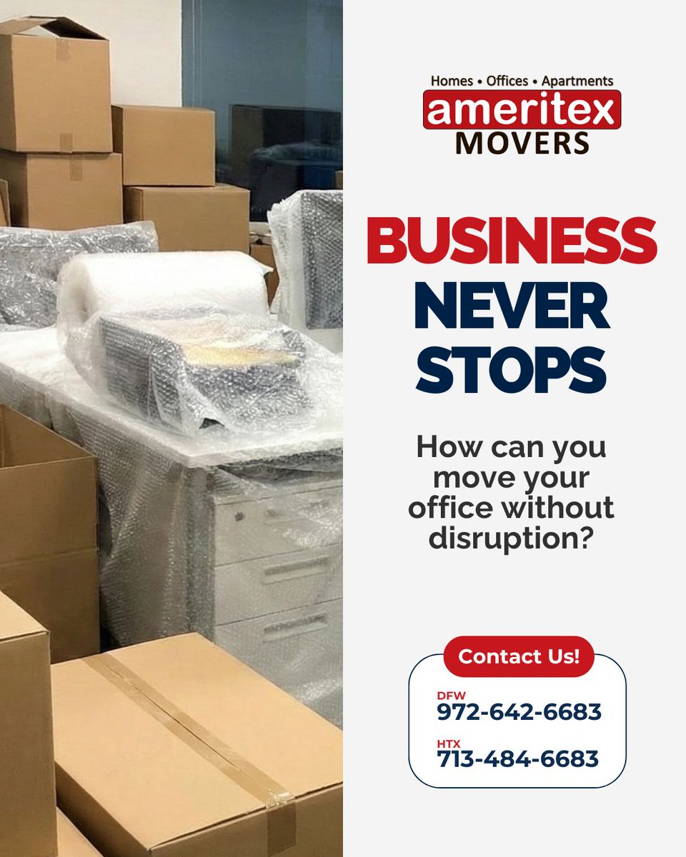 AmeritexMovers's tweet photo. 🏢 Business Never Stops — So Why Should Your Move?

Moving an office or commercial space takes careful planning to minimize downtime and keep your business moving. Ameritex Movers helps businesses plan and execute office and commercial moves.

#OfficeMoving #CommercialMoving https://t.co/h9NuaDe6jw