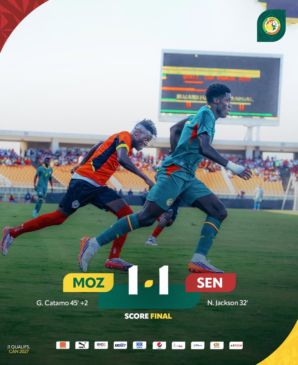 GaindeYi's tweet photo. 🔚 FIN DU MATCH | Le Sénégal concède le  match nul à Maputo face au Mozambique malgré l’ouverture du score de Nicolas Jackson.

Prochain rendez-vous : mardi en Éthiopie pour la deuxième journée des éliminatoires de la CAN 2027 dans le groupe J. #AFCON2027Q https://t.co/lTkSgIGMRH