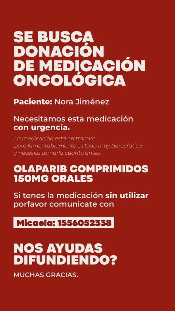 Samistrukis's tweet photo. Llegué medio tarde, pero aprovecho la visualización del tweet para difundir la ⚠️ BÚSQUEDA DE MEDICACIÓN NCOLÓGICA ⚠️ para la mamá de un amigo.
Si saben de alguien que pueda donar ➡️ COMPRIMIDOD OLAPARIB 150MG ORALES ⬅️ , puede escribirme por acá.
Gracias! https://t.co/VIB8PHIUxI