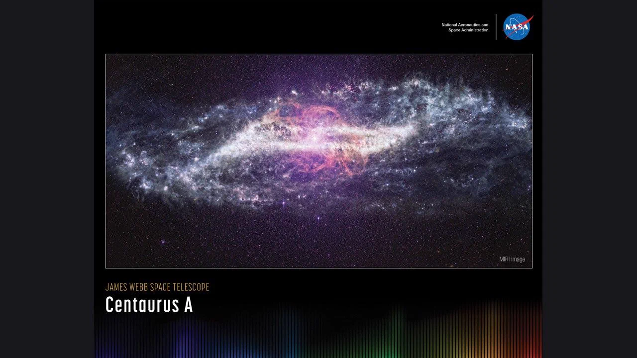 A horizontally oriented poster with an image of Centaurus A against a black background. The galaxy is brightest at its center, where a brilliant white and pink glow radiates outward. Wispy, 'S'-shaped ribbons of pink arc above and below the center of the image. A parallelogram-shaped band of gray and white dust cuts across the middle of the galaxy. The galaxy’s outer edges fade into soft textures that stretch toward the left and right sides of the image. Along the bottom is a series of thin vertical bars ranging from purple at left to blue, green, yellow, orange, and red at right. Bars are separated slightly, with black in between. Bar colors are brightest at the bottom, fading up to black. Brightness varies from bar to bar, giving the array an undulating feel. At upper right is text that reads, "National Aeronautics and Space Administration" and NASA’s blue, white, and red meatball insignia. Title text appears at lower left that says, "James Webb Space Telescope: Centaurus A."