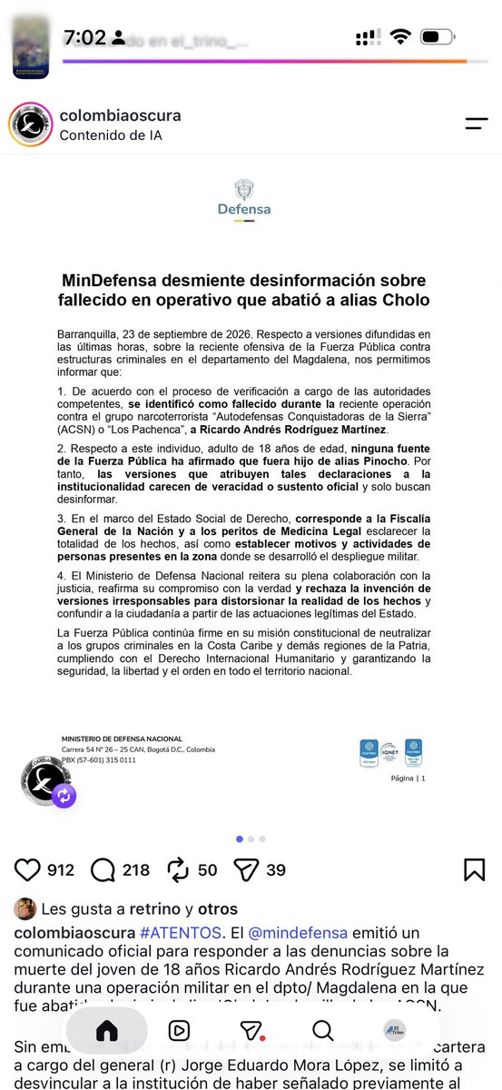 ElizbethCristi7's tweet photo. ¿Y SI ESTO LE PASARA A SU FAMILIA? Ricardo Andrés Rodríguez Martínez, de 18 años, murió durante el operativo contra alias ‘Cholo’ en la Sierra Nevada. Su familia sostiene que era un campesino y que no pertenecía a ningún grupo criminal. El Ministerio de Defensa confirmó su identidad, negó que alguna fuente oficial lo hubiera señalado como hijo de alias ‘Pinocho’ y dejó en manos de la Fiscalía y Medicina Legal el esclarecimiento de lo ocurrido.  Más allá de izquierdas o derechas, la pregunta es sencilla: ¿qué sentiría usted si a un familiar suyo lo señalaran de pertenecer a un grupo criminal y después se tuviera que investigar si esa versión era cierta? ¿Qué opinan?