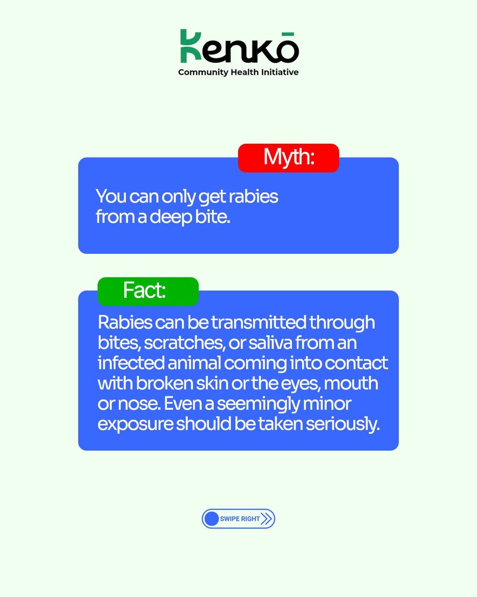 KenkoChesint's tweet photo. 1/
RABIES: Myth vs Fact 🐾🚨

Let's clear the air. A thread 🧵👇

2/
❌ MYTH: Only dogs carry rabies
✅ FACT: Any mammal fit carry am. Cats, monkeys, even bats 🐱🐒🦇 No be only dog you go dey watch for.

3/
❌ MYTH: If the animal looks healthy, e no fit get rabies
✅ FACT: Rabies no dey show for face 👀 An infected animal fit look normal reach weeks before symptoms show.

4/
❌ MYTH: Once symptoms start, treatment go still work
✅ FACT: E no be so ⚠️ Once symptoms don show, rabies dey almost always fatal. Na why quick action after a bite matter well well ⏱️