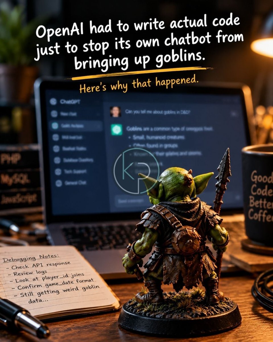 kptech44_'s tweet photo. ChatGPT quietly picked up a goblin habit, dragging goblins, gremlins, and trolls into unrelated answers. A retired "Nerdy" personality was 2.5% of usage but caused two-thirds of the goblin mentions. OpenAI had to write code just to ban the word.

https://t.co/FHyRfl0CL8 https://t.co/3csT570ruN