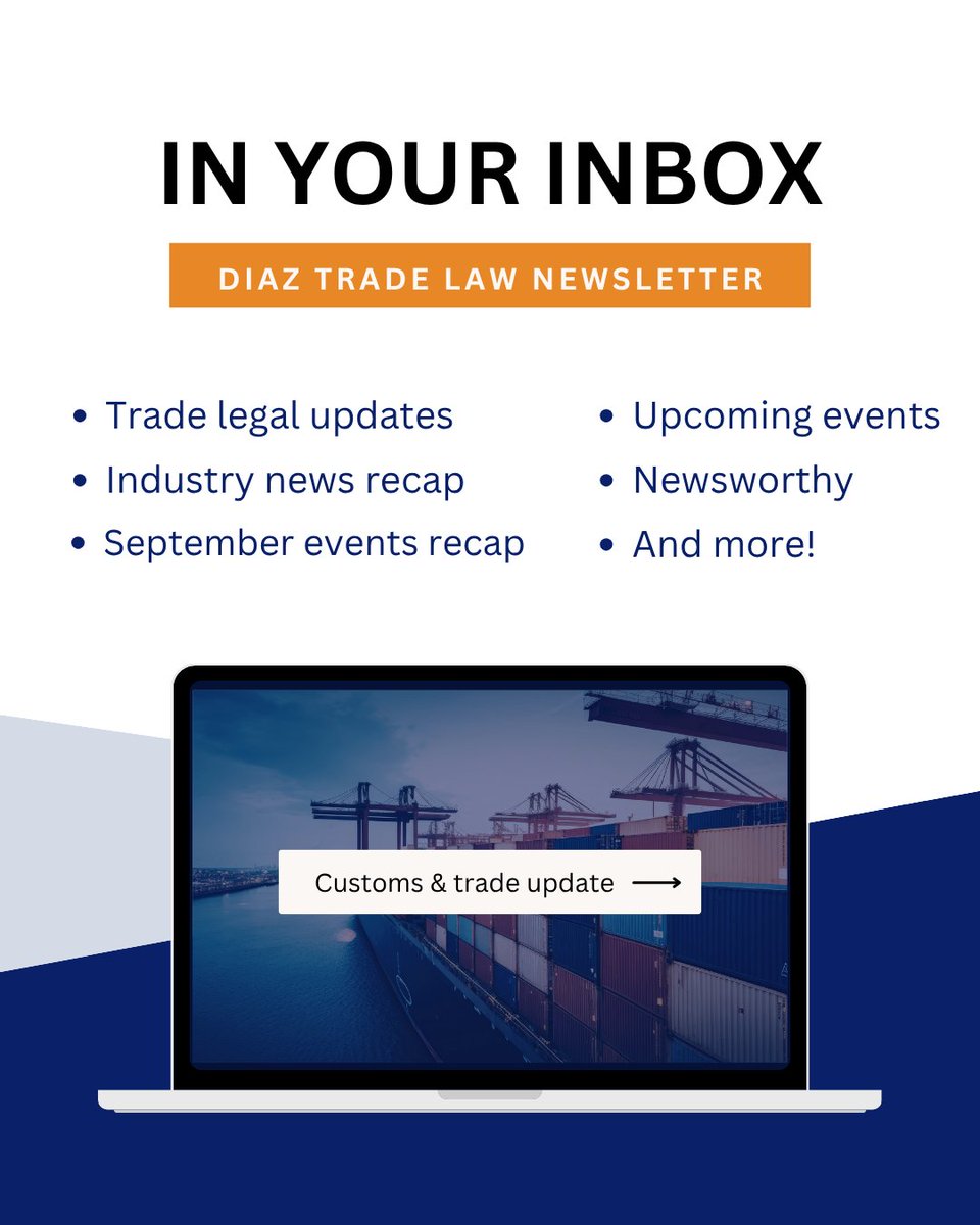 DiazTradeLaw's tweet photo. Check your inbox for the latest updates in international trade and insights you don’t want to miss.  

Not on our newsletter list yet? 

Sign up here: https://t.co/0emVsXLhcg
 
tradelaw #tradelawyer #internationaltrade #yourcustomsexpert https://t.co/U668cWF9vv