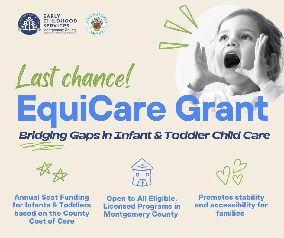 MontgomeryCoMD's tweet photo. Today is the last day to apply for Montgomery County’s EquiCare Grant! Eligible, licensed child care programs can apply for funding to support infant and toddler care.

Applications close tonight, Sept. 25, at 11:59 p.m.

Apply: https://t.co/mh0F4lJp1w https://t.co/1lDTp1B9hp