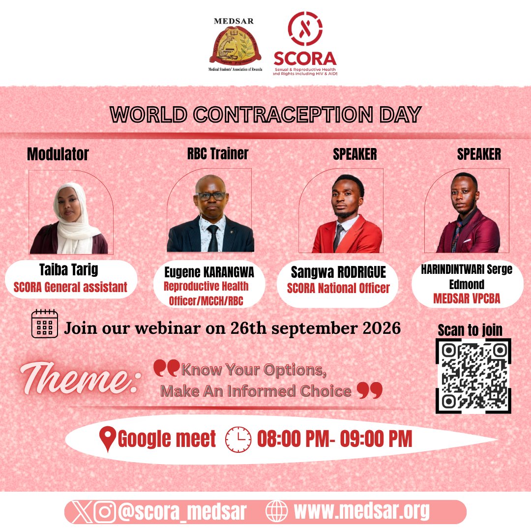 scora_medsar's tweet photo. 🌍 WORLD CONTRACEPTION DAY IS TOMORROW! ❤️
Theme: “Know Your Options, Make an Informed Choice.”
📅 Tomorrow — 26 September
⏰ 8:00 PM (Rwanda Time 🇷🇼)
📲 Join the webinar and invite a friend!
https://t.co/pDq2Cmkb6r
#WorldContraceptionDay  #SRH
@RBCRwanda
@medsar_ifmsa https://t.co/8v1wMOm0bK