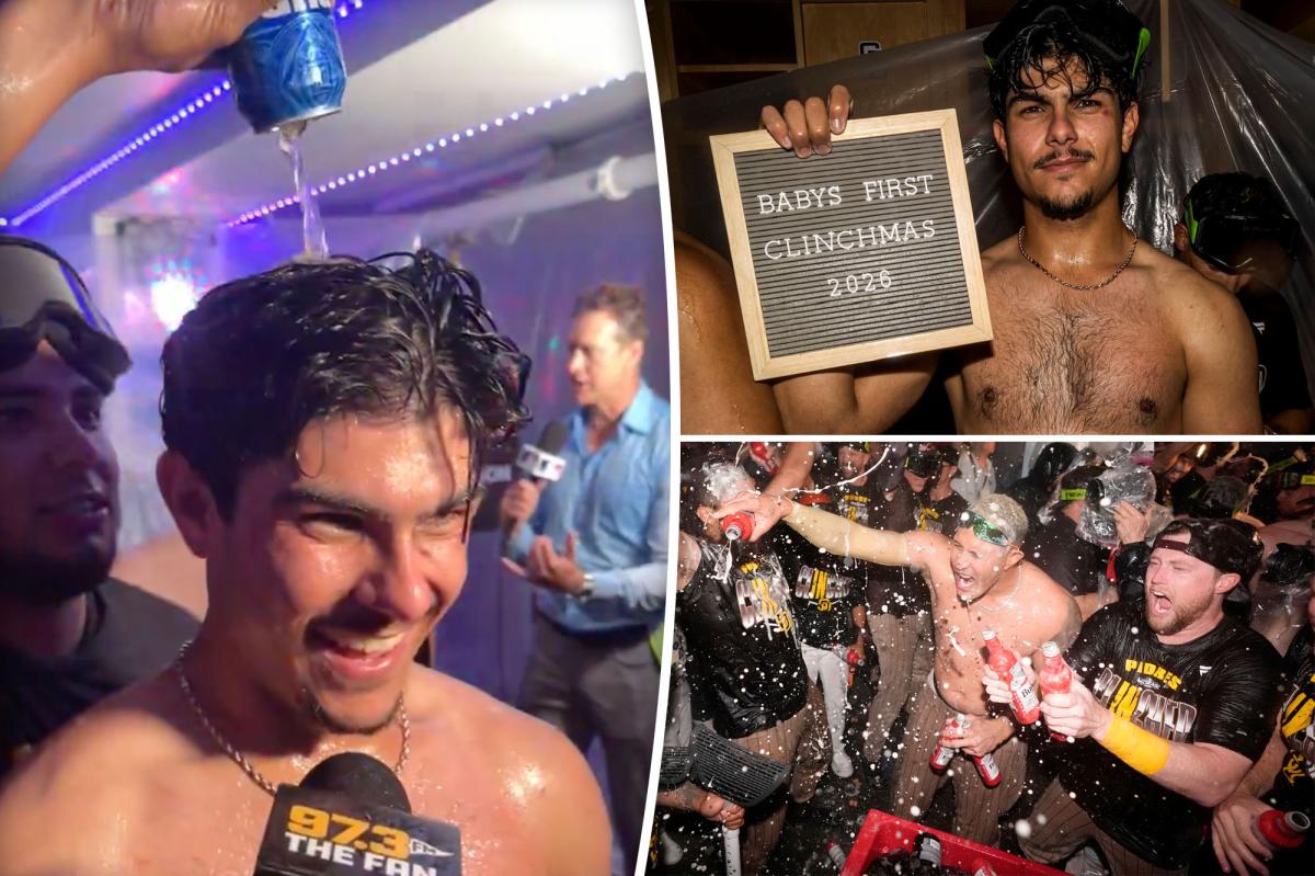 nypost's tweet photo. Underage San Diego Padres star soaked in alcohol by teammates after clinching playoff spot https://t.co/vaHPScj4ax https://t.co/uFcCkMjjZd