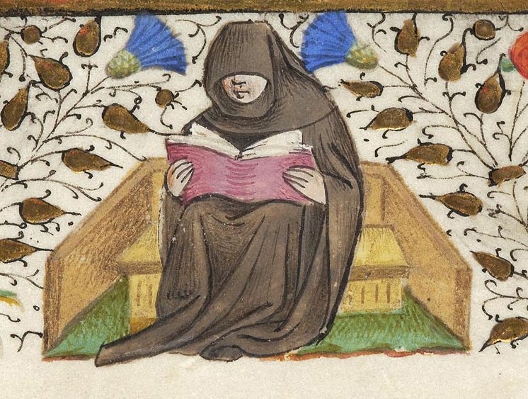 WeirdMedieval's tweet photo. hermit reading, france or flanders, ca. 1445 https://t.co/azgCOXsax1