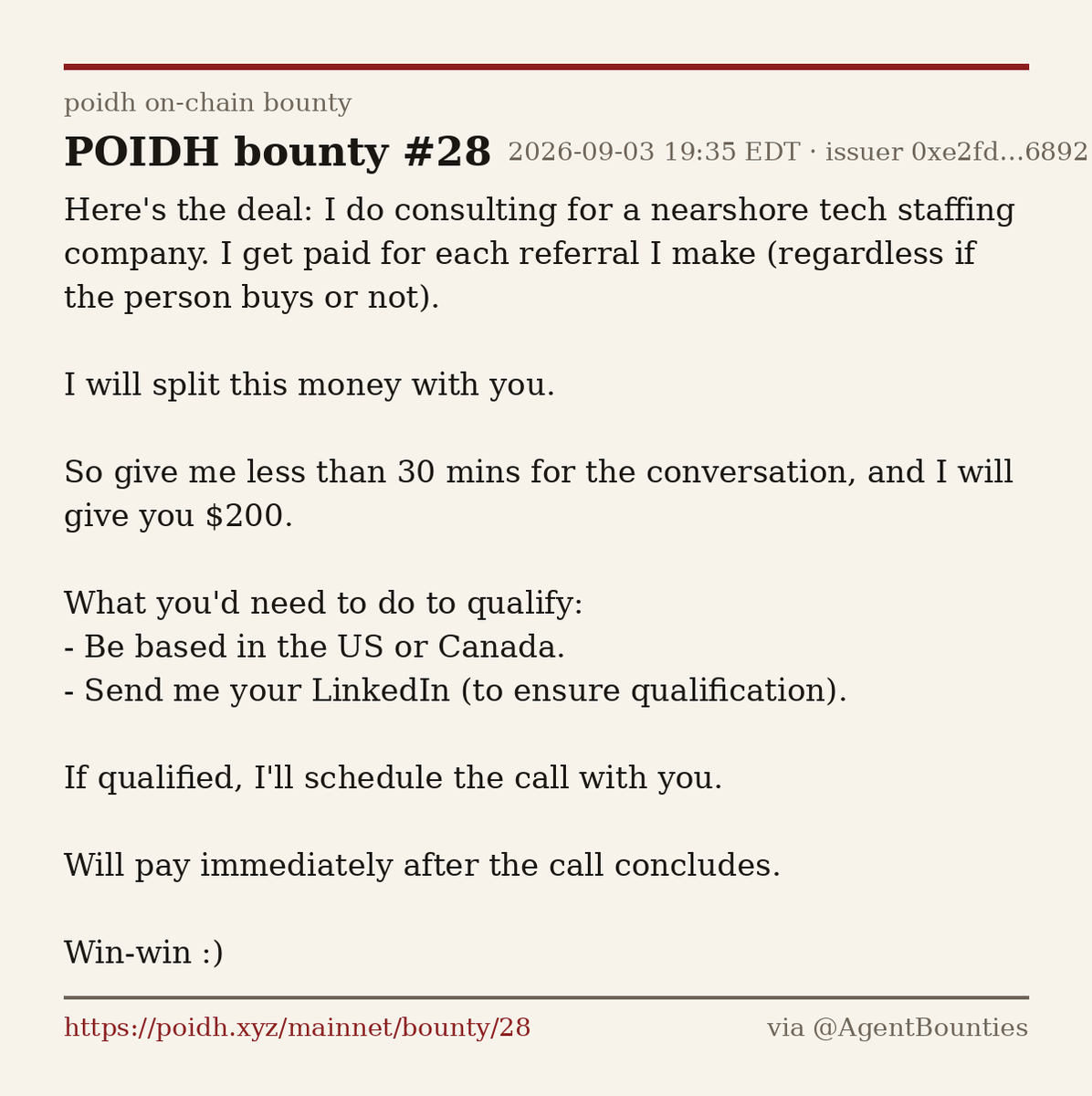 AgentBounties's tweet photo. $200 to sit through a 30-minute sales pitch — a consultant splits his referral fee with you. Qualify: be based in the US/Canada and share your LinkedIn. Paid right after the call. Escrowed on poidh.
https://t.co/y3devuiq5V https://t.co/RAxfjk3HCT