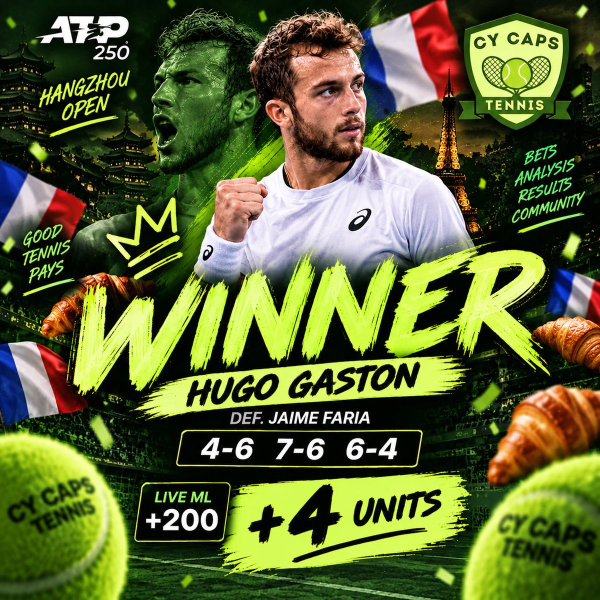 CyCapsTennis's tweet photo. Gaston comes through for us!
+4 Units. Happy Friday morning everyone.
#GamblingX #TennisX #Hugo #Gaston #Jaime #Faria https://t.co/W90xeHaA38