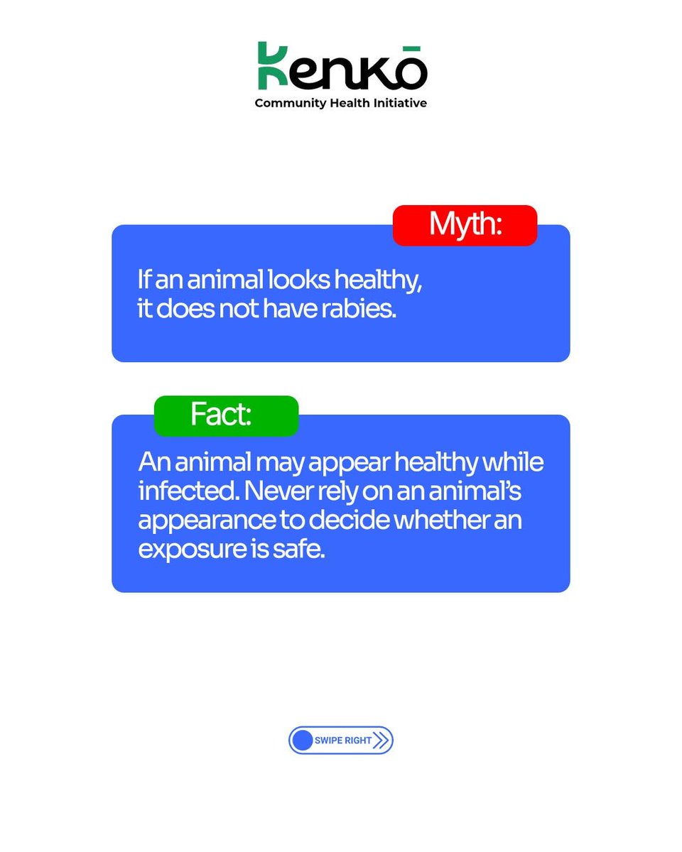 KenkoChesint's tweet photo. 5/
❌ MYTH: Small scratch no serious
✅ FACT: Any bite, scratch or saliva contact from a suspected animal need immediate attention 🩹 Wash with soap and water, then go clinic sharp sharp 🏥

6/
❌ MYTH: Rabies vaccine dey painful, with injections for the stomach
✅ FACT: Modern vaccines dey given for the arm, just like other vaccines 💉 Small pain, big protection 💪

7/
Your health, your responsibility 🙏 If any animal bite you or your pet, no manage am for house. Go health facility immediately 🚑

#kenkoinitiative #Kenkochesint #RabiesAwareness #WorldRabiesDay.