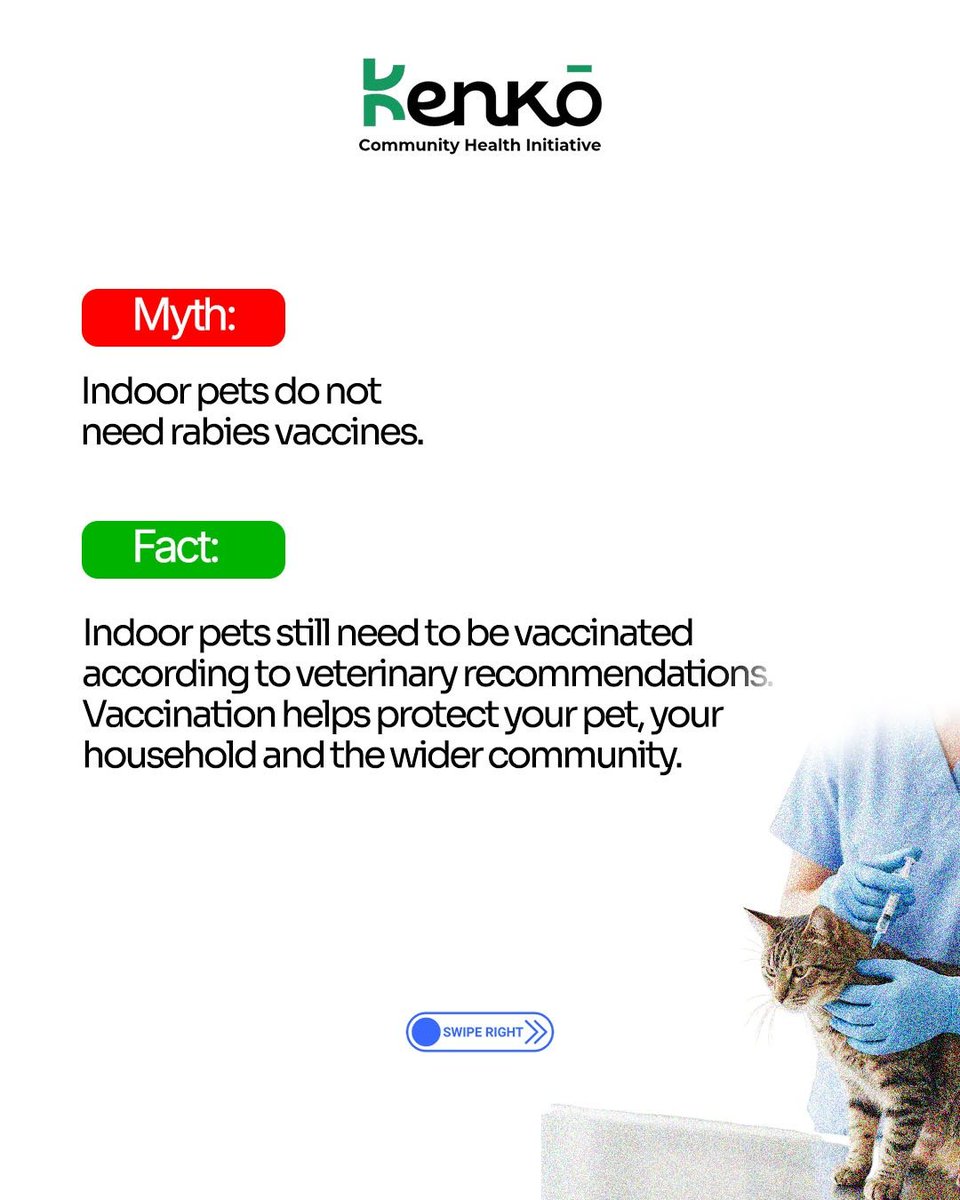 KenkoChesint's tweet photo. 5/
❌ MYTH: Small scratch no serious
✅ FACT: Any bite, scratch or saliva contact from a suspected animal need immediate attention 🩹 Wash with soap and water, then go clinic sharp sharp 🏥

6/
❌ MYTH: Rabies vaccine dey painful, with injections for the stomach
✅ FACT: Modern vaccines dey given for the arm, just like other vaccines 💉 Small pain, big protection 💪

7/
Your health, your responsibility 🙏 If any animal bite you or your pet, no manage am for house. Go health facility immediately 🚑

#kenkoinitiative #Kenkochesint #RabiesAwareness #WorldRabiesDay.