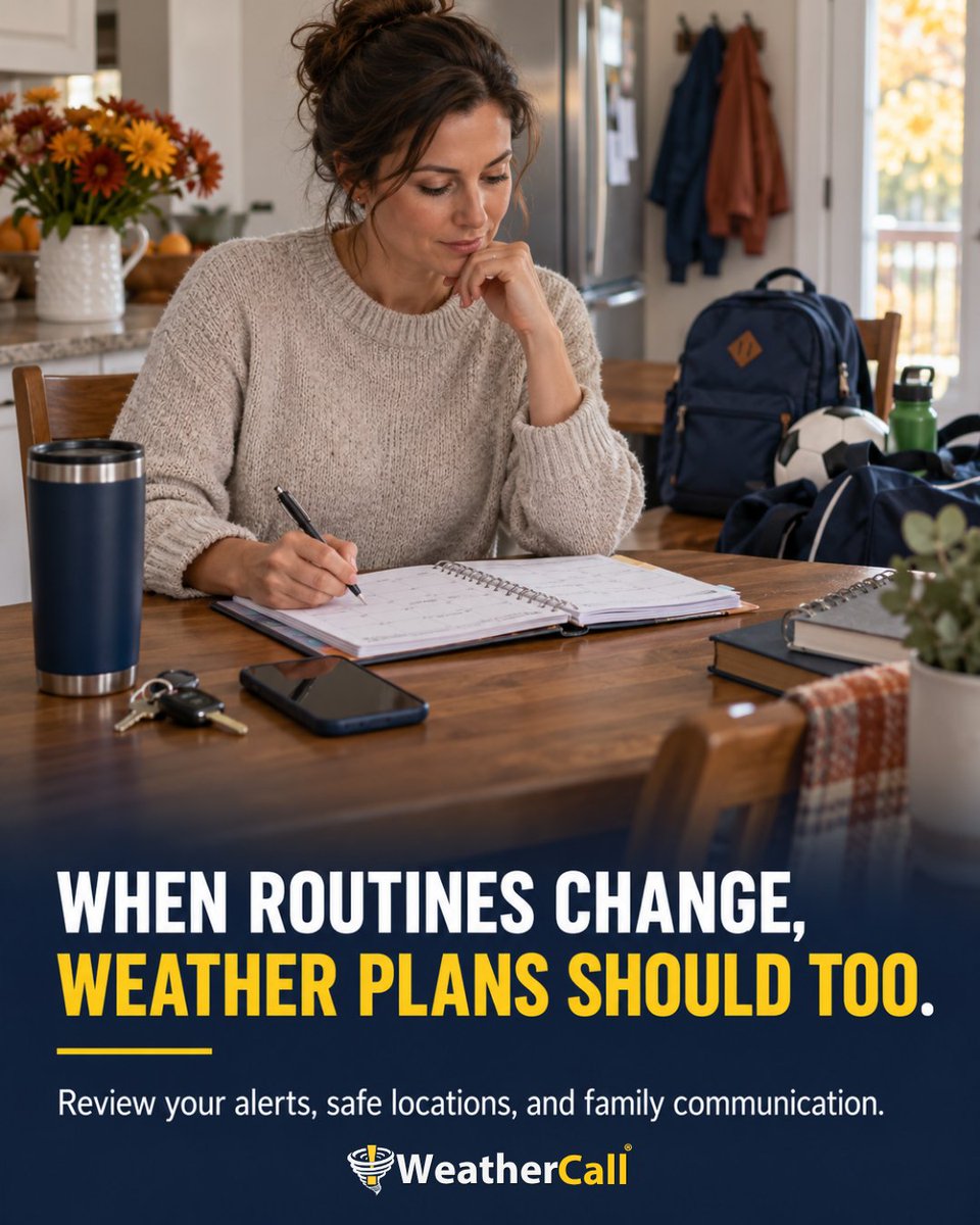 WeatherCallLLC's tweet photo. When fall routines change, weather plans may need to change, too.

Review how everyone receives alerts, where they can go for safety, and how your household will communicate.

Read our latest article: [https://t.co/CV4EAAGkHX]

#WeatherSafety #FallPreparedness https://t.co/E02isJgaVh