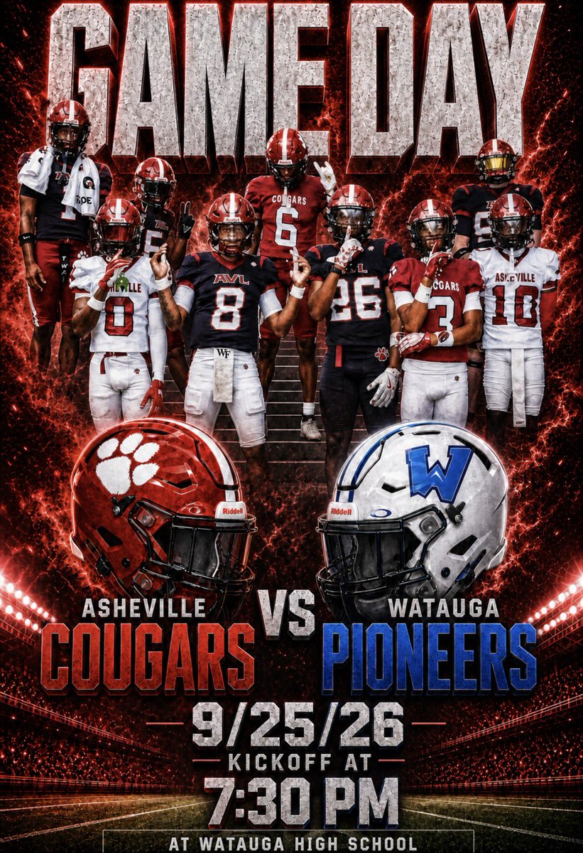 AHSCougarsFB's tweet photo. Your Cougars travel up to Boone tonight to take on the defending 6A State Champion Watauga Pioneers. Great last test before conference play. Make the trip up the mountain tonight and support our guys! #CougarPride #TheHigh https://t.co/YUBXuqfOji