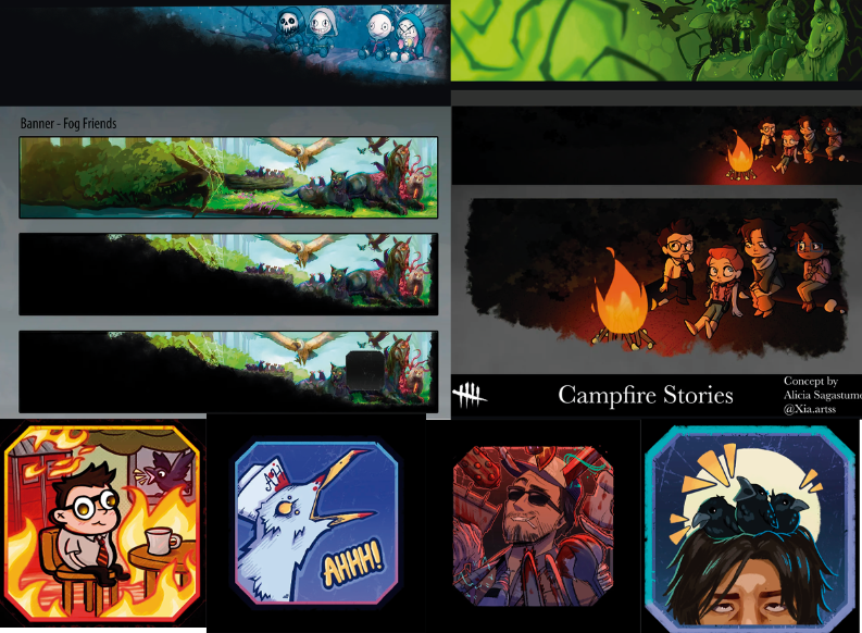 Procyondbd's tweet photo. Banners e distintivos vencedores do concurso comunitário desse ano no Dead by Daylight.

A partir do ano que vem, virão de graça em passes do jogo. https://t.co/dOGT1TU9tK
